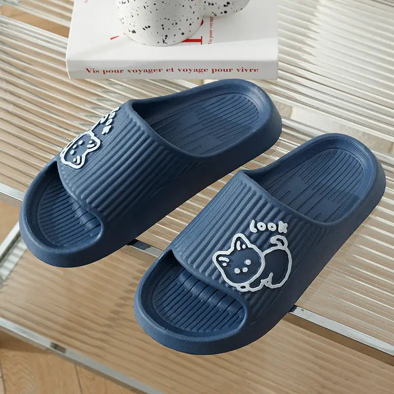 Cute Cat Slippers Summer Women Home Shoes Bath Thick Platform Non-Slip Slides Indoor Outdoor - Navy / 40to41