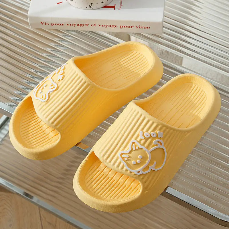 Cute Cat Slippers Summer Women Home Shoes Bath Thick Platform Non-Slip Slides Indoor Outdoor - Yellow / 36to37