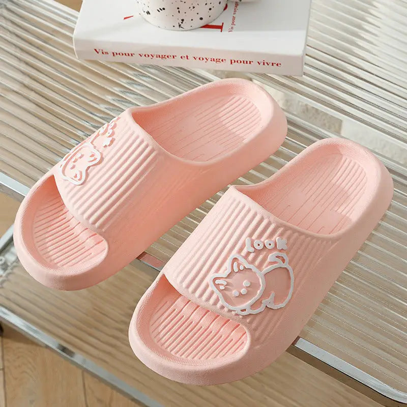 Cute Cat Slippers Summer Women Home Shoes Bath Thick Platform Non-Slip Slides Indoor Outdoor - Pink / 36to37