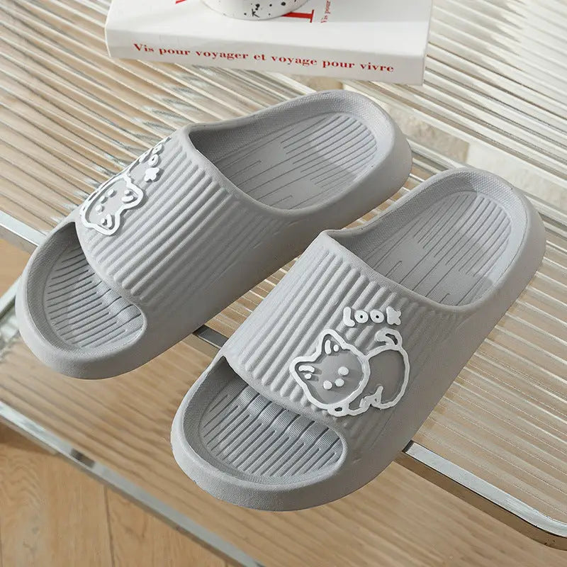 Cute Cat Slippers Summer Women Home Shoes Bath Thick Platform Non-Slip Slides Indoor Outdoor - Gray / 40to41