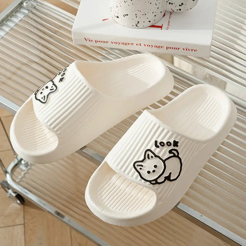 Cute Cat Slippers Summer Women Home Shoes Bath Thick Platform Non-Slip Slides Indoor Outdoor - White / 36to37