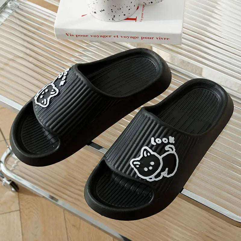 Cute Cat Slippers Summer Women Home Shoes Bath Thick Platform Non-Slip Slides Indoor Outdoor - Black / 40to41