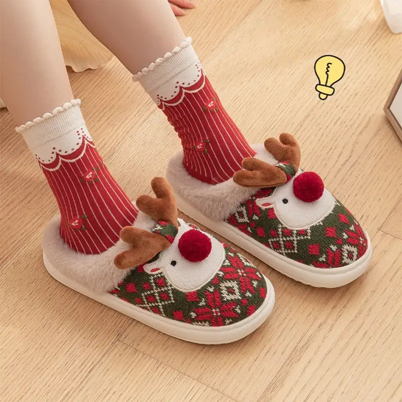 Cute Christmas Elk Plush Slippers Winter Ins Fashion Non-slip Floor Bedroom Home Slippers For Women Fuzzy House Shoes Beyond Trends Hub