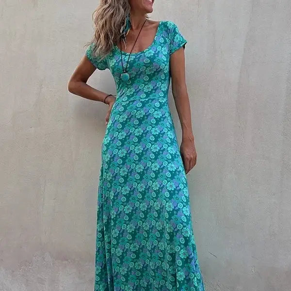 Plus Size Female Wide Hem Long Sleeve Fashion Flower Print Dress