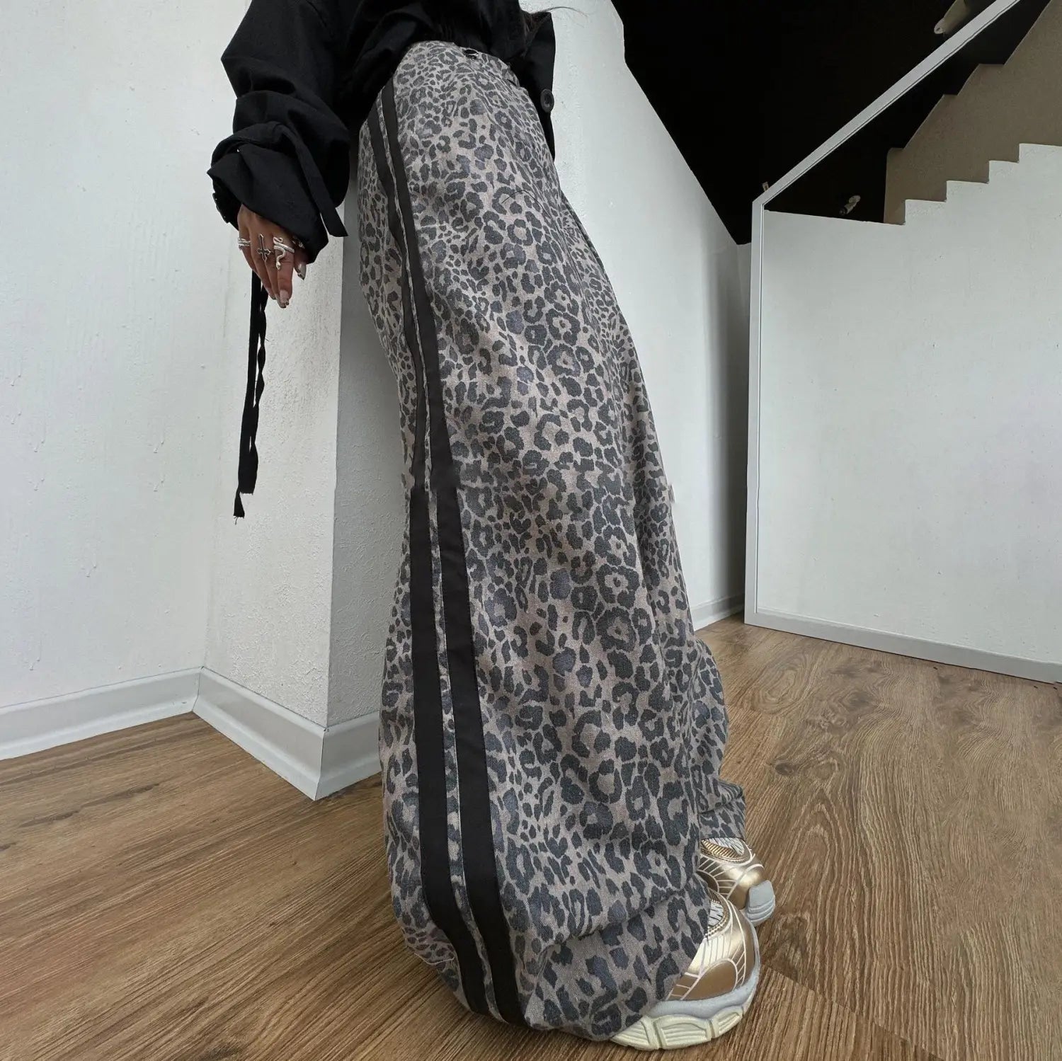 Leopard Print Mop Pants Women’s Retro Side Striped Loose Wide-leg Pants