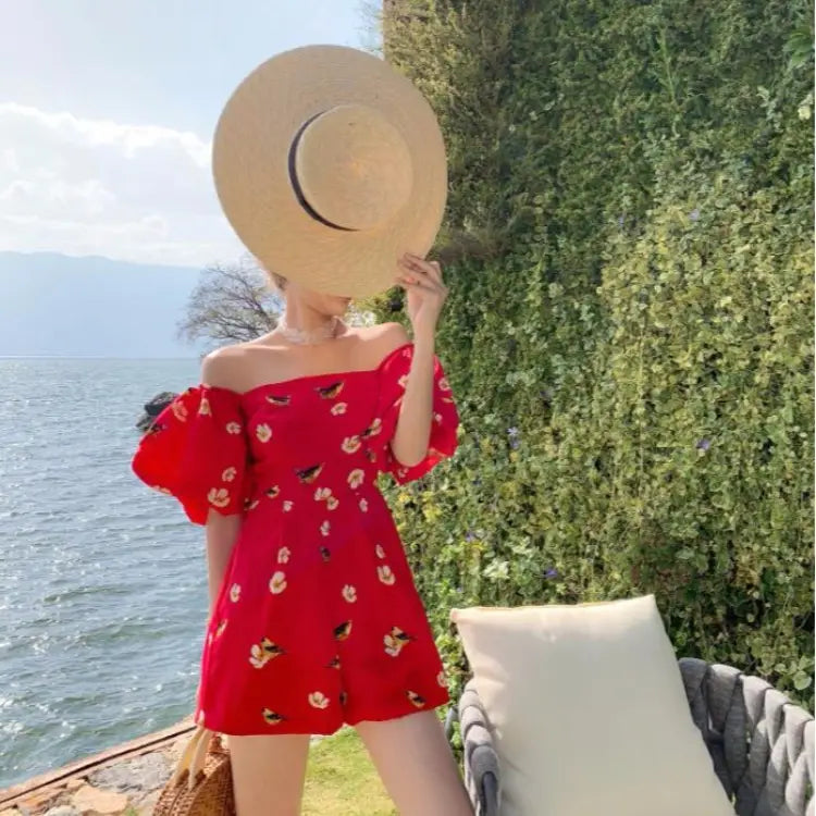 Women’s Vintage Print Thin Square Neck Shorts