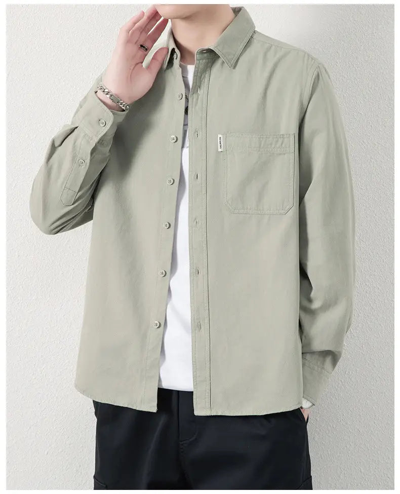 Solid Color Lapel Long Sleeve Shirt With Pockets Loose Casual Jacket Shirt Men’s Tops Clothing