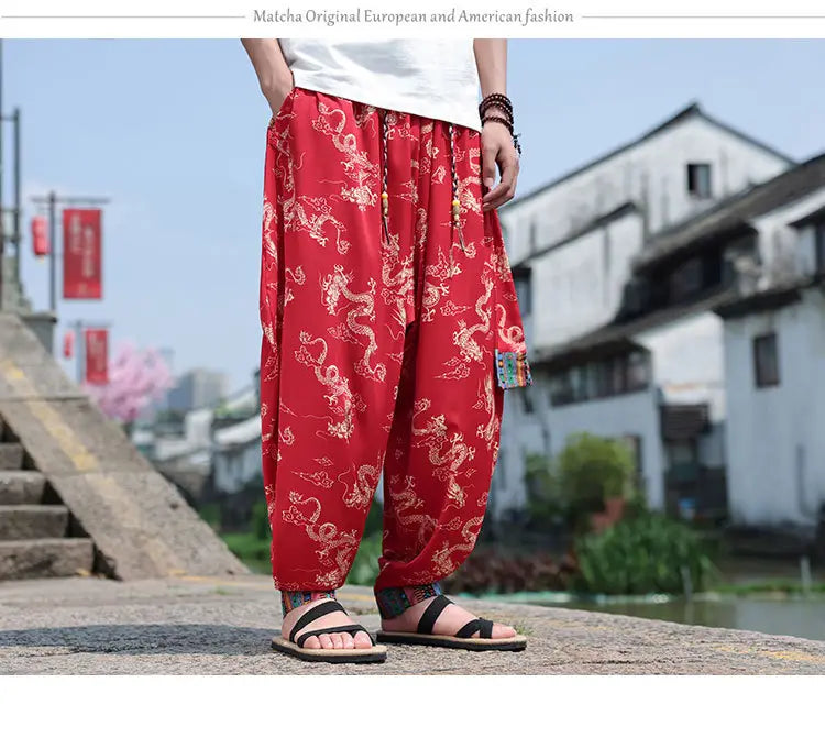 Men’s Plus Size Dragon Pattern Thin Chinese Trousers