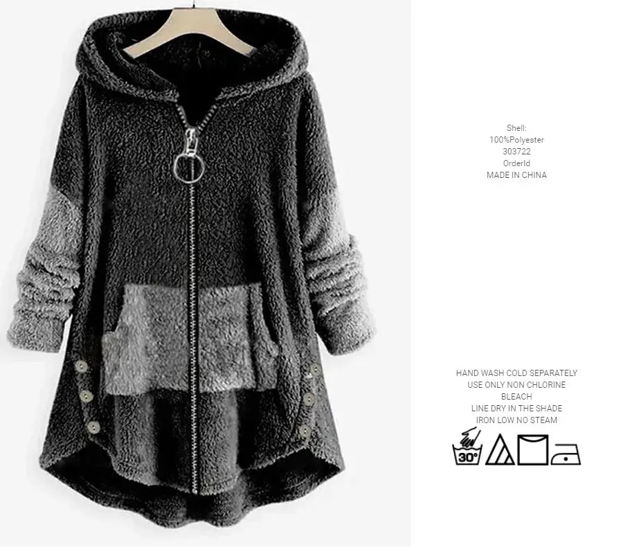 Autumn And Winter Stitching Contrast Color Double-sided Velvet Hooded Jacket Zipper Cloak Tops Warm Women