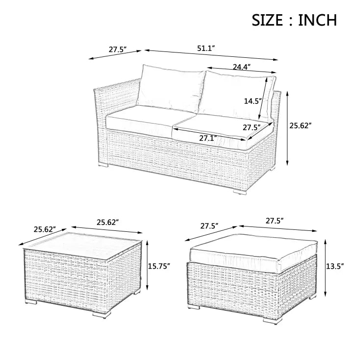 Patio Furniture Outdoor Furniture Seasonal PE Wicker Furniture 4 Set Wicker Furniture With Tempered Glass Coffee Table