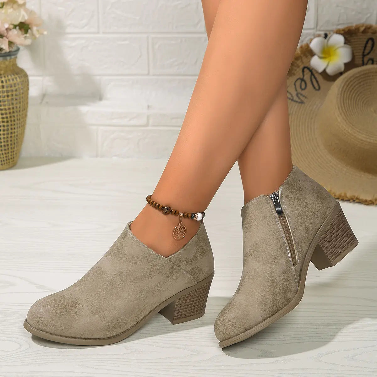 Chunky Heel Round Toe Ankle Boots With Side Zipper Design Fashion Fall Winter Short Boots For Women Shoes
