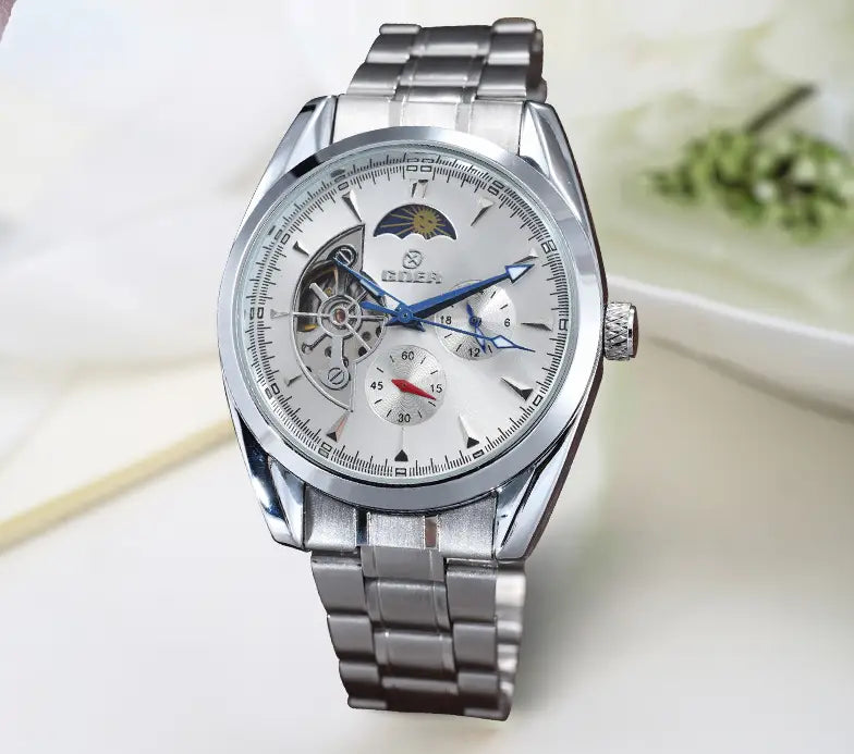 Relogio Masculino Men Tourbillon Watches Stainless Steel Band Automatic Mechanical Wristwatches Moon Phase Small
