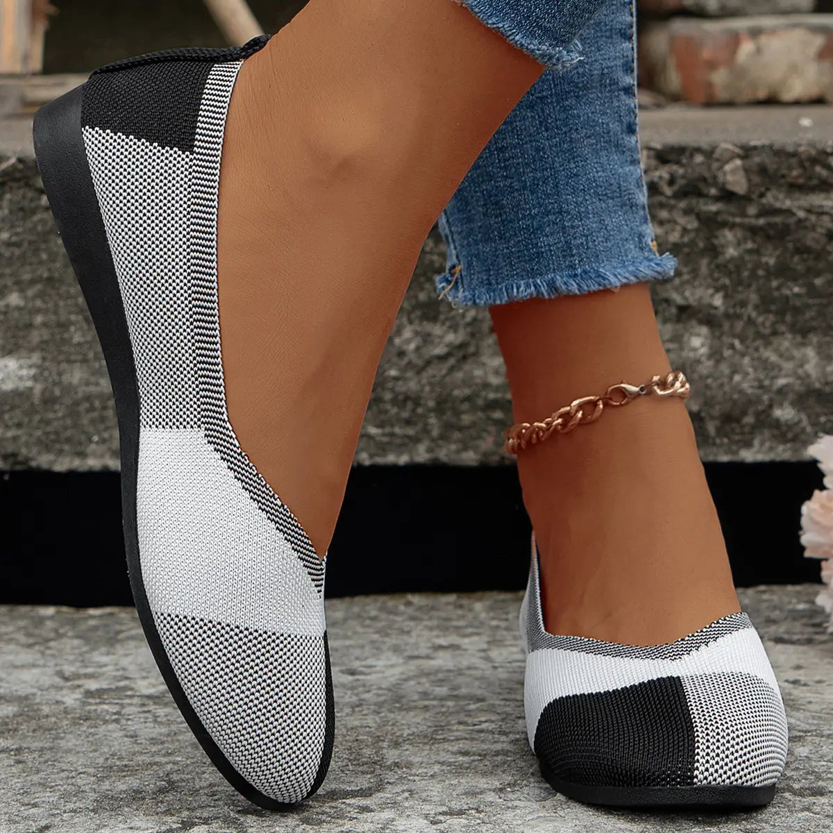 Fashion Colorblock Flats Shoes Flying Woven Breathable Cozy Loafers For Women