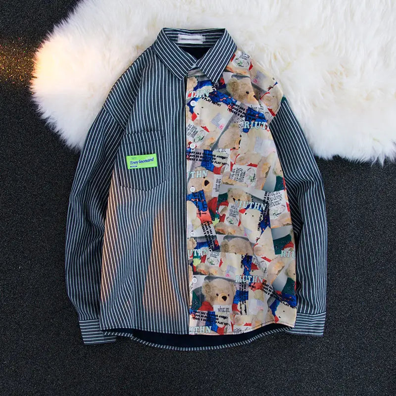 Bear Print Striped Shirt For Men And Women Niche