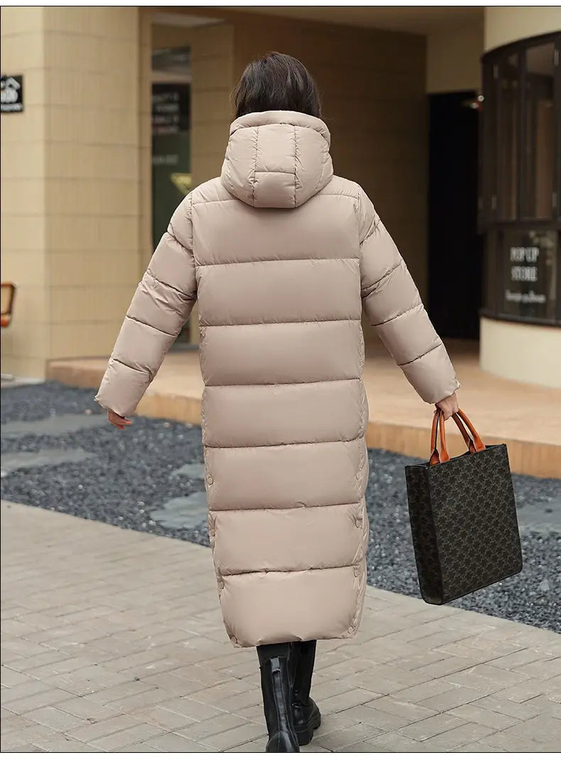 Women’s Super Long Down Jacket Winter Puffer Thick Coat Black Red Hooded Zipper Keep Warm Fall Winter Casual Clothes