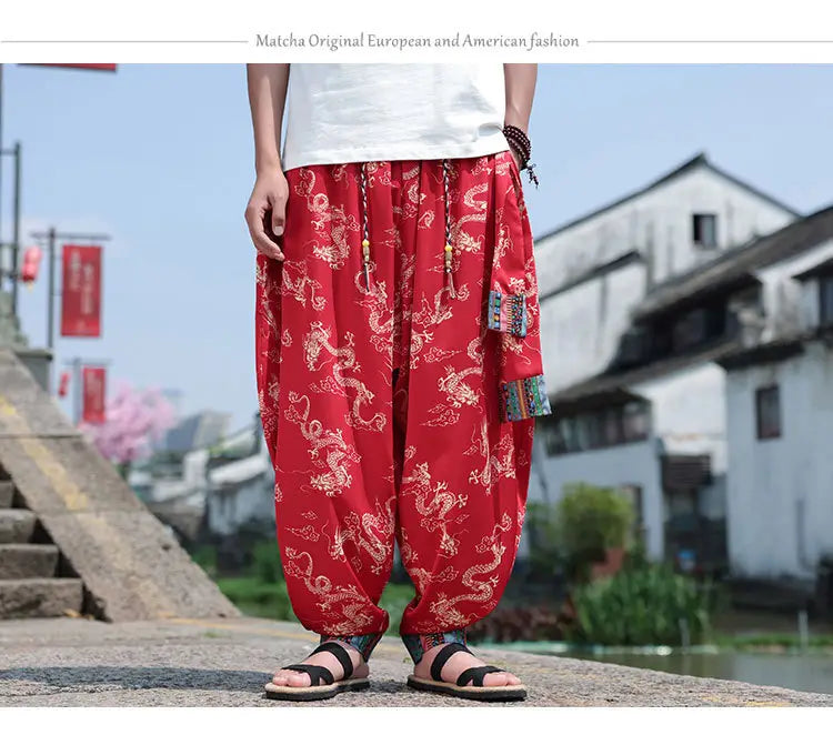 Men’s Plus Size Dragon Pattern Thin Chinese Trousers