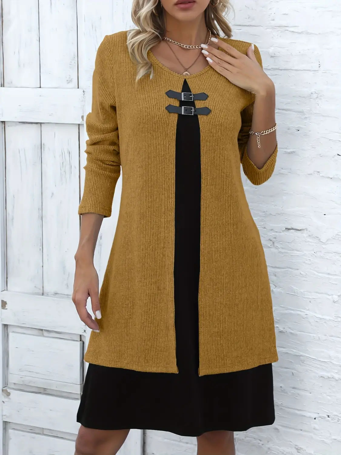 Contrast-color Sweater Dress With Buckle Design Fashion Round-neck Long-sleeved A-line Dresses Fall Wainter Women’s