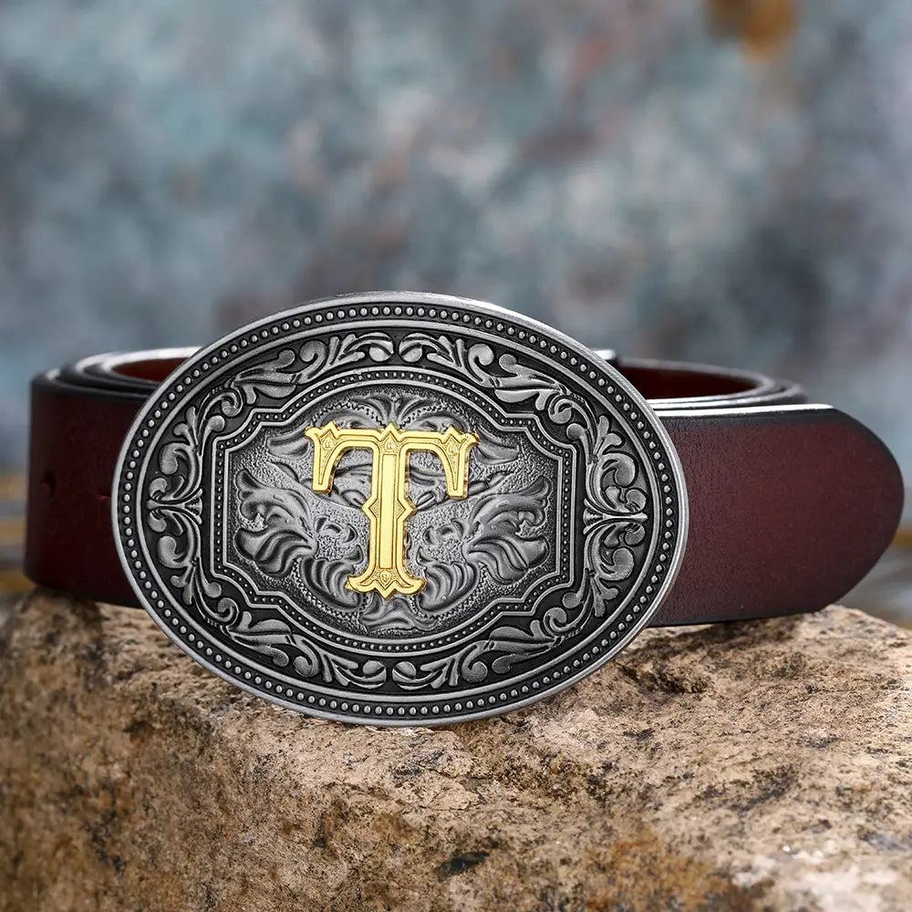 Brown leather belt featuring a silver and gold T buckle in Floral Letter Buckle Belts.
