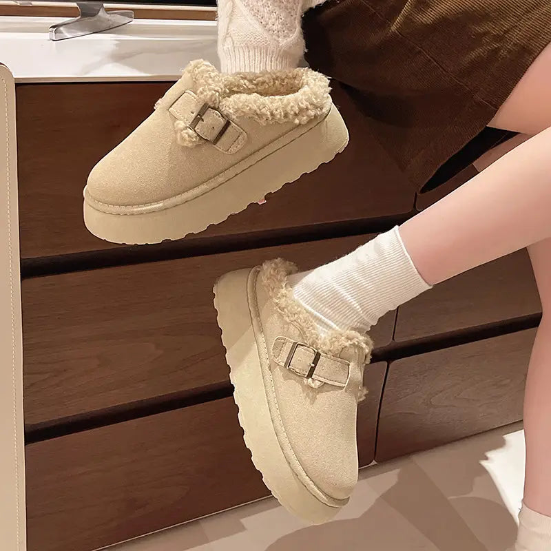 New Luxury Winter Women’s Shoes Plush Fashion Retro Bean Shoes Cotton Women’s Flat Sole Slippers Platform Women Boots