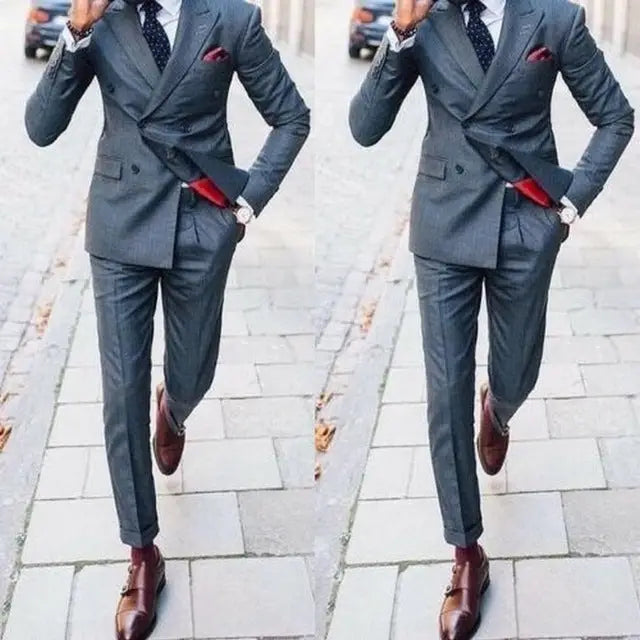 Dark Grey Men Suits Peaked Lapel Double Breasted Formal Business Suits for Man Costume Mariage Homme Wedding Suit 2 Piece - Beyond Trends Hub 