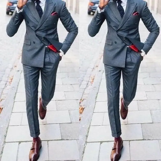 Dark Grey Men Suits Peaked Lapel Double Breasted Formal Business Suits for Man Costume Mariage Homme Wedding Suit 2 Piece - Beyond Trends Hub 