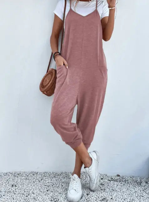 Women’s Solid Color Zipper Patch Pocket Sling Jumpsuit For Women