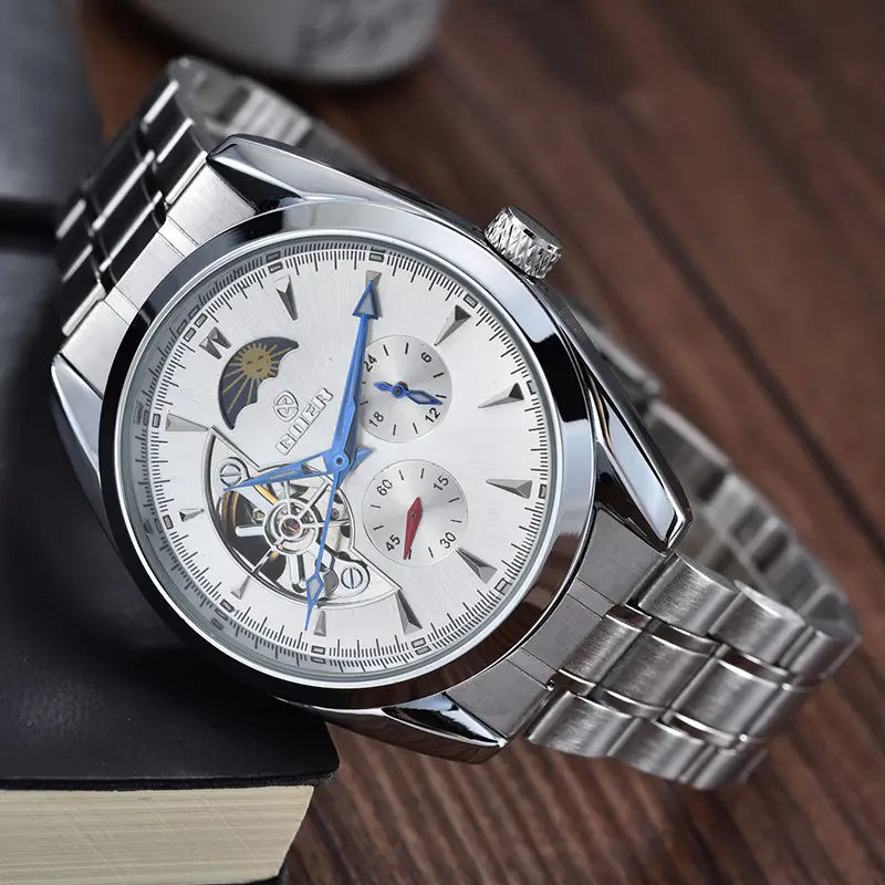 Relogio Masculino Men Tourbillon Watches Stainless Steel Band Automatic Mechanical Wristwatches Moon Phase Small