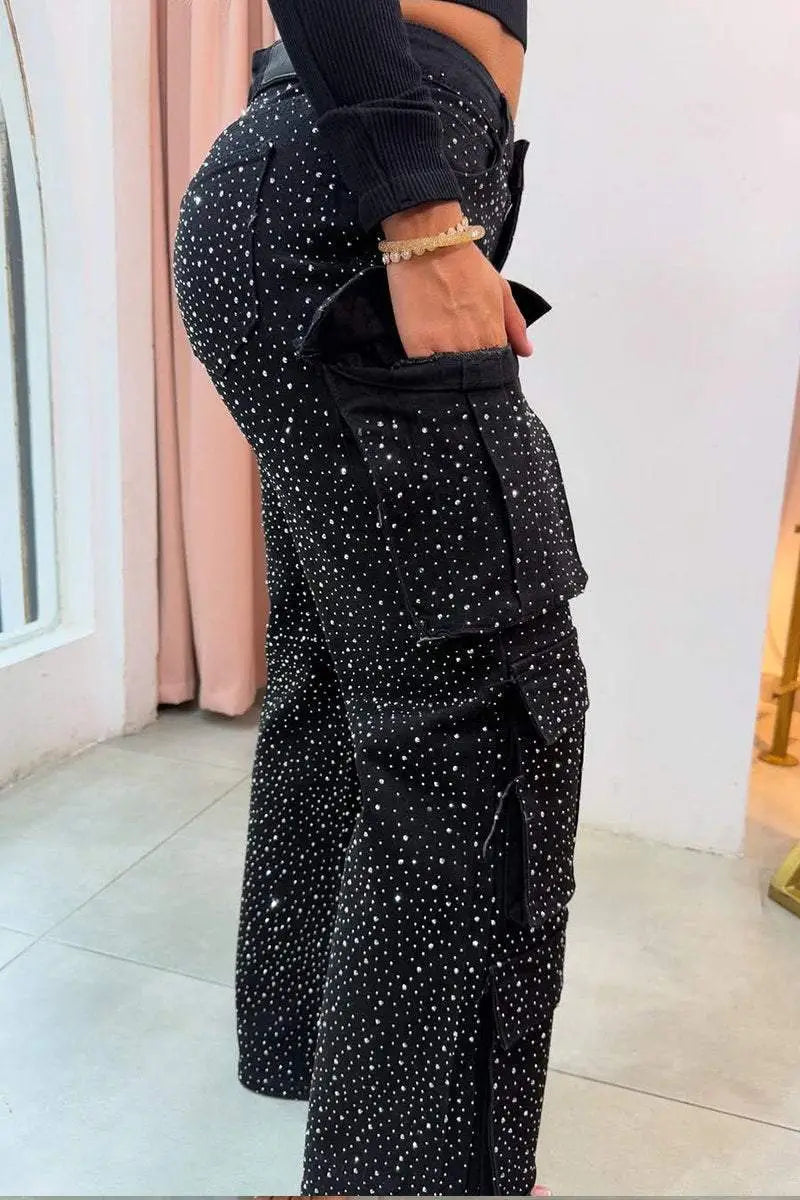Women’s Casual Jeans With Pockets And Diamonds Overalls