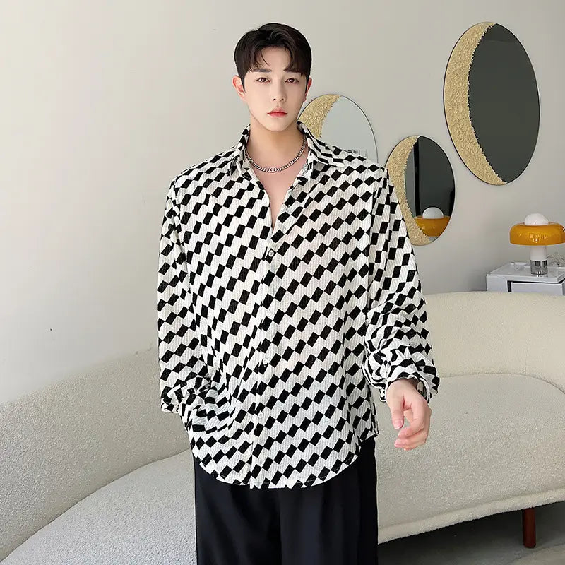 Black And White Collision Checkerboard Long-sleeved Shirt Men
