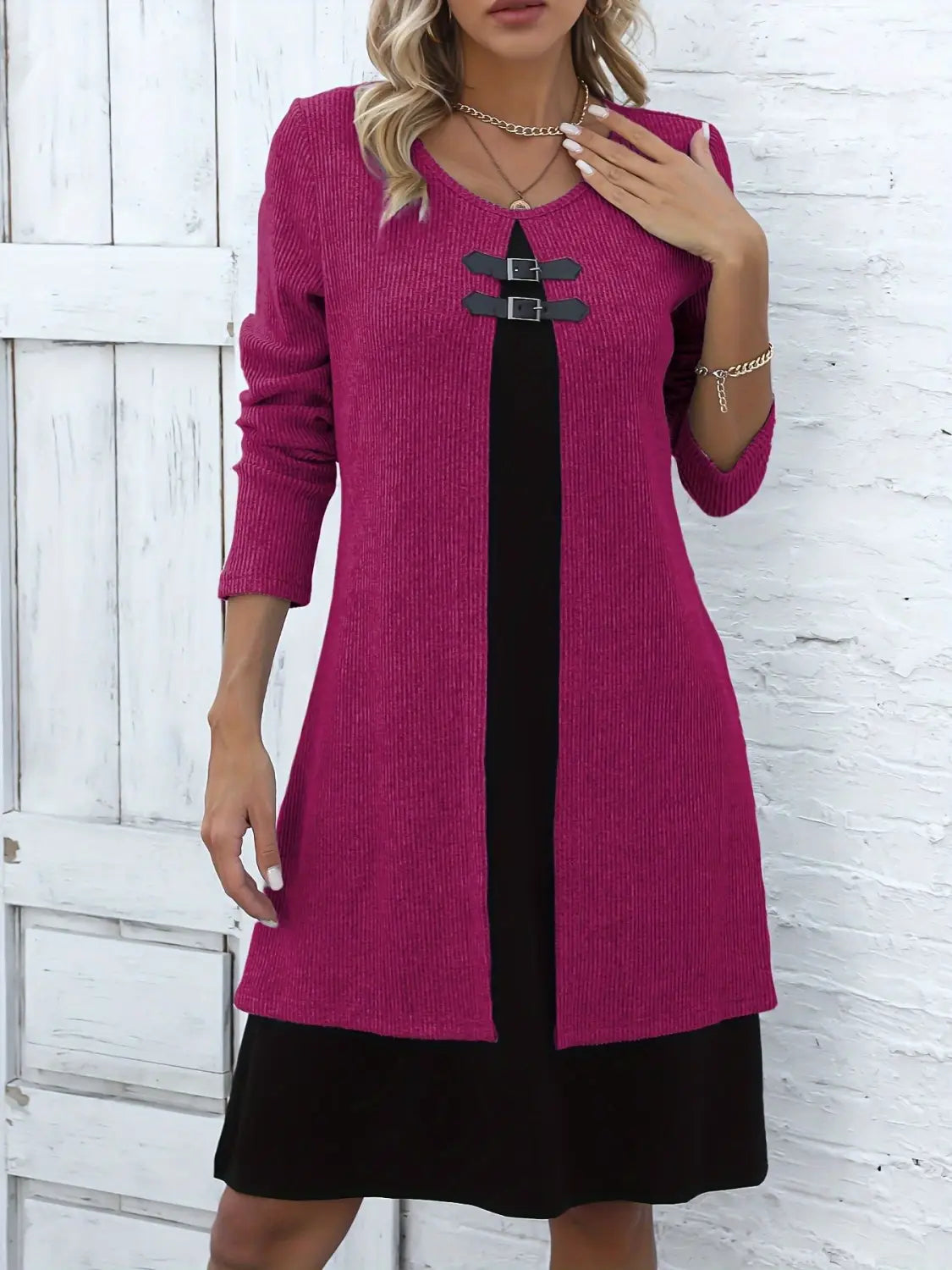 Contrast-color Sweater Dress With Buckle Design Fashion Round-neck Long-sleeved A-line Dresses Fall Wainter Women’s