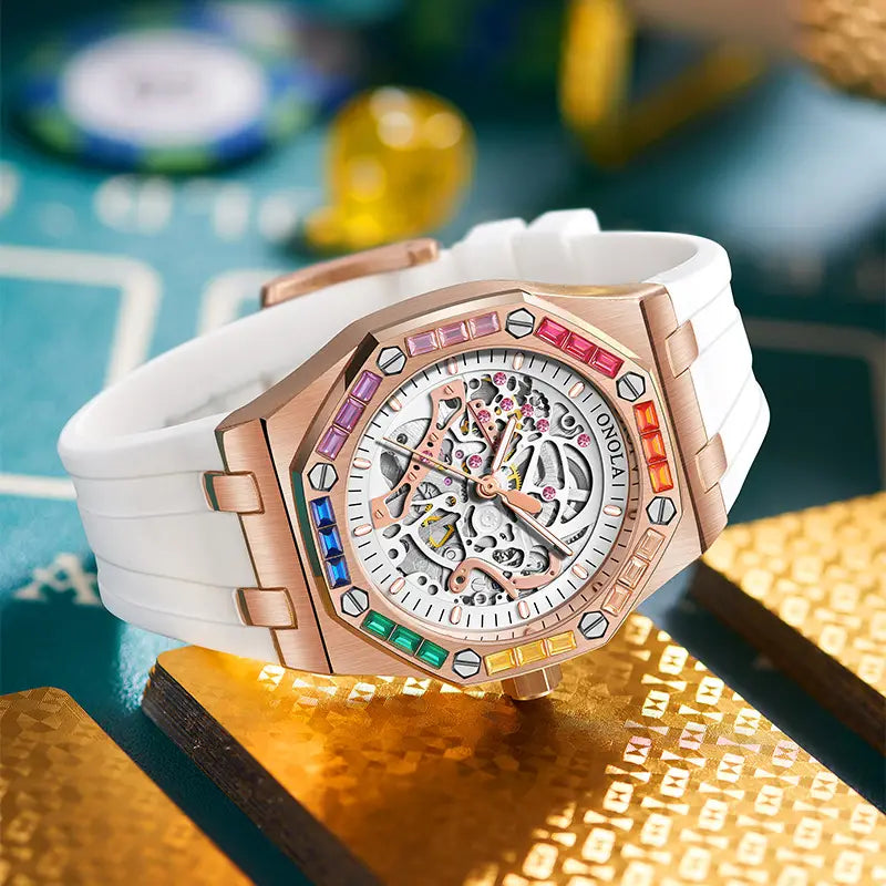Men’s Silicone Band Rainbow Diamond Automatic Mechanical Watch