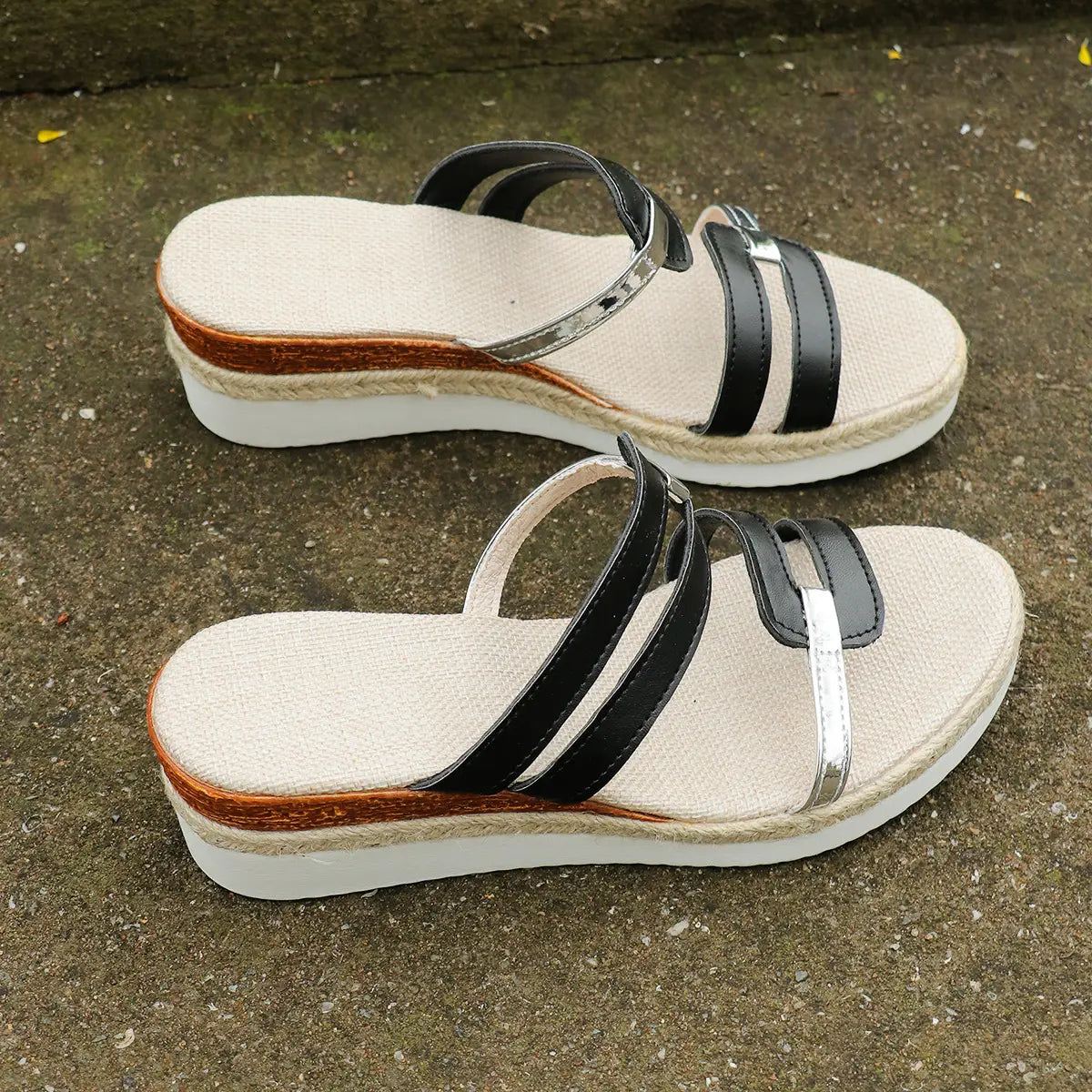 Colorblock-strap Wedges Sandals Summer Fashion Hemp Heel Slides Slippers Outdoor Thick Bottom Fish Mouth Shoes For Women