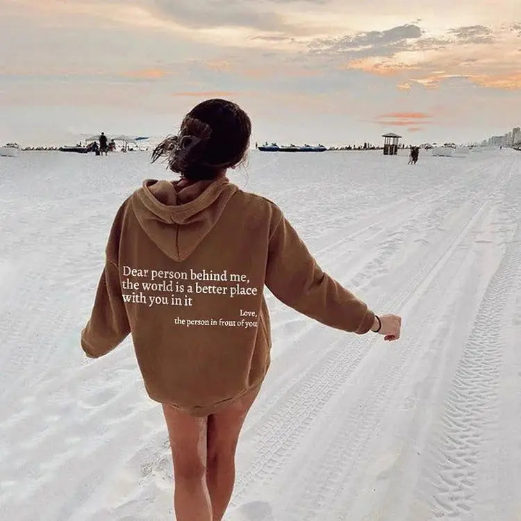 Dear Person Behind Me,the World Is A Better Place,with You In It,love,the Person In Front Of You,Women's Plush Letter Printed Kangaroo Pocket Drawstring Printed Hoodie Unisex Trendy Hoodies  " plush hoodies" Beyond Trends Hub