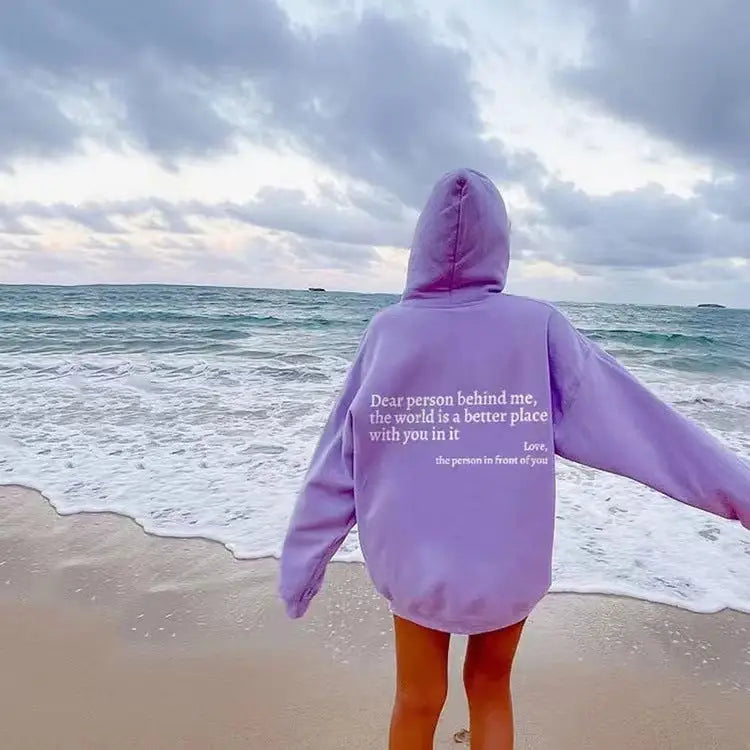 Dear Person Behind Me,the World Is A Better Place,with You In It,love,the Person In Front Of You,Women's Plush Letter Printed Kangaroo Pocket Drawstring Printed Hoodie Unisex Trendy Hoodies  " plush hoodies" Beyond Trends Hub