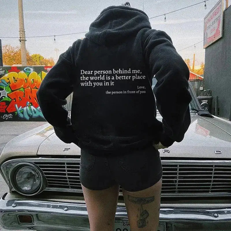Dear Person Behind Me,the World Is A Better Place,with You In It,love,the Person In Front Of You,Women's Plush Letter Printed Kangaroo Pocket Drawstring Printed Hoodie Unisex Trendy Hoodies  " plush hoodies" Beyond Trends Hub