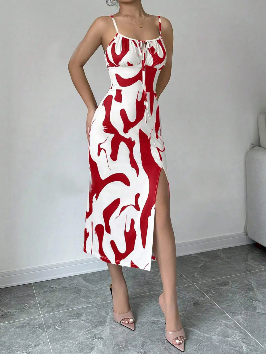 Summer Printed Suspender Split Dress Fashion Slim Lace-up Long Dresses For Women Clothing