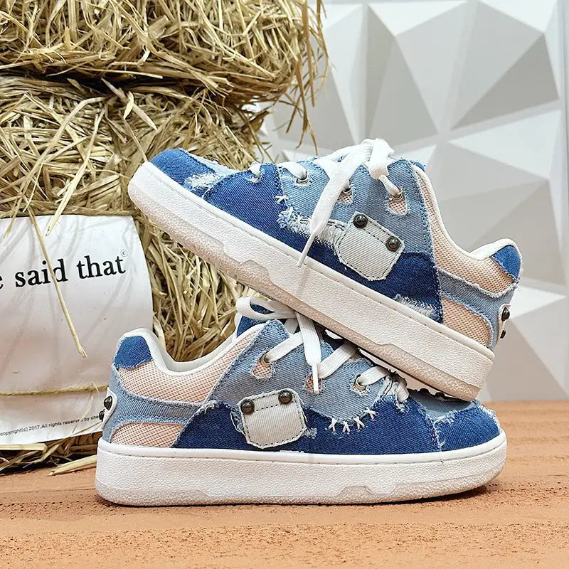 Denim Canvas Cold Glue Bread Shoes - Denim Blue Pink / 36