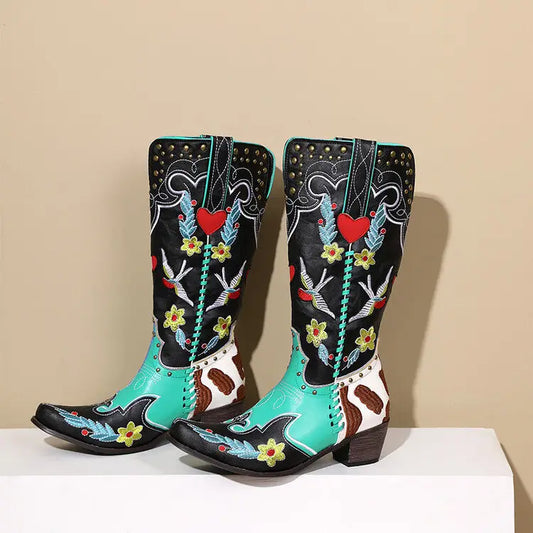 Denim Western Shoes Women's Leather Boots Exquisite Embroidery Beyond Trends Hub