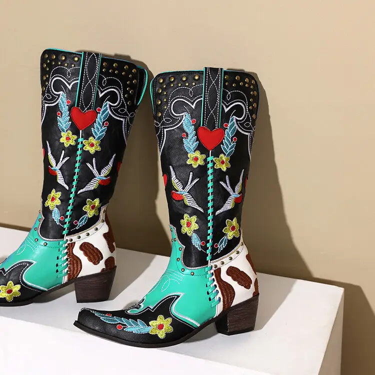 Denim Western Shoes Women's Leather Boots Exquisite Embroidery Beyond Trends Hub