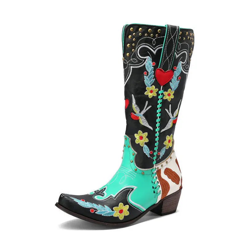 Denim Western Shoes Women's Leather Boots Exquisite Embroidery Beyond Trends Hub