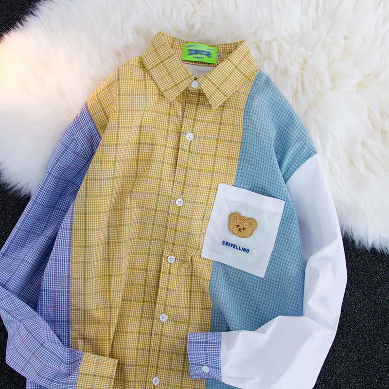 Design Sense Niche Contrast Color Stitching Plaid Shirt For Men And Women Beyond Trends Hub