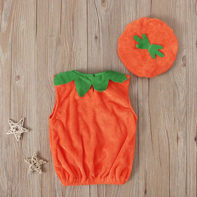 Boys And Girls Sleeveless Pumpkin Shaped Pocket Jacket Hat Two-piece Children’s Wear