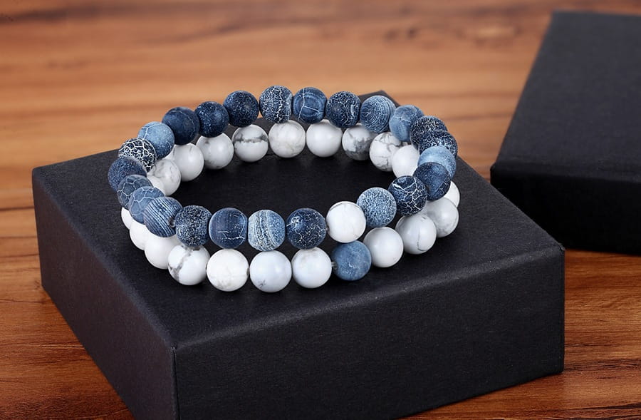 Two beaded bracelets from a Set of Couple Bracelets Natural Stone Yoga Collection.