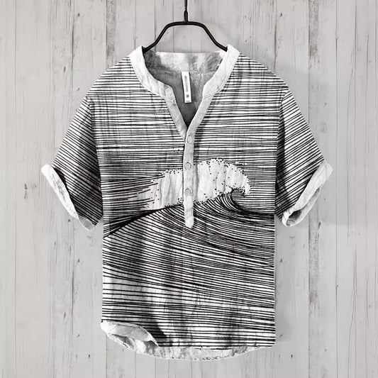 Literary Men's Ocean Print Linen Short Sleeve Loose Casual Top