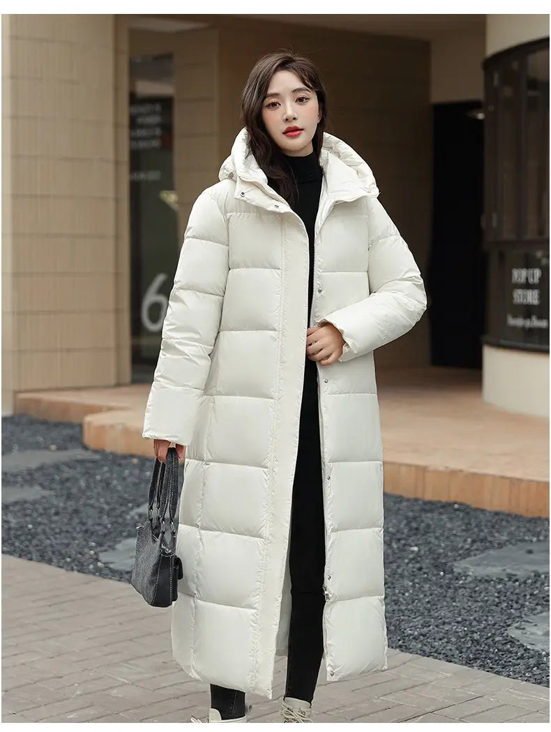 Women’s Super Long Down Jacket Winter Puffer Thick Coat Black Red Hooded Zipper Keep Warm Fall Winter Casual Clothes