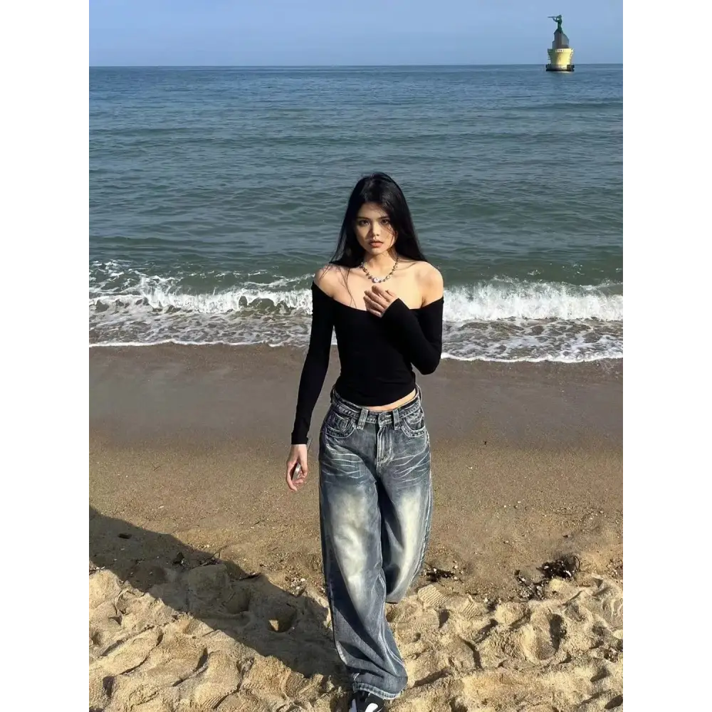 Distressed Straight Wide Leg Vintage Blue High Waist Jeans For Women Beyond Trends Hub