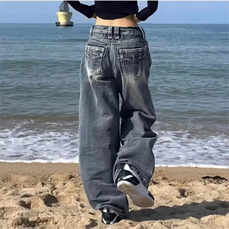 Distressed Straight Wide Leg Vintage Blue High Waist Jeans For Women Beyond Trends Hub
