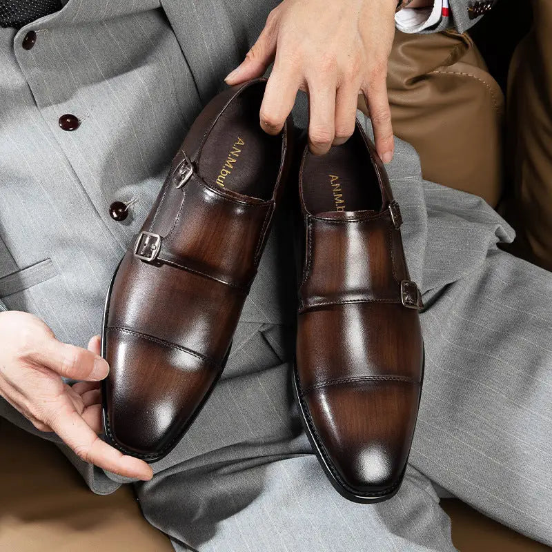 Double Buckle Design First Layer Cowhide Men's Business Leather Shoes Beyond Trends Hub