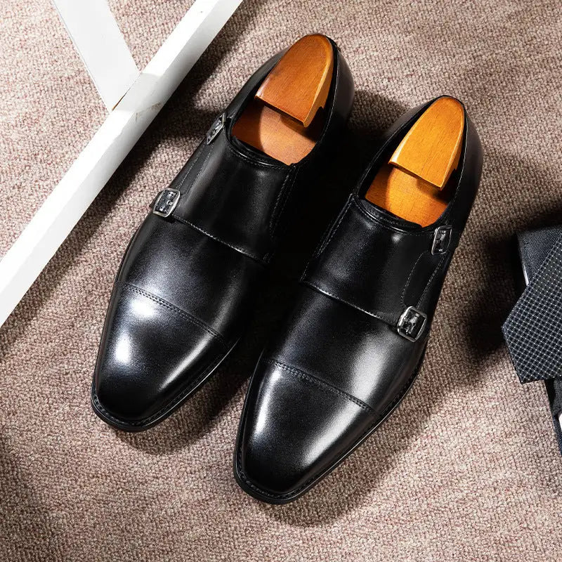 Double Buckle Design First Layer Cowhide Men's Business Leather Shoes Beyond Trends Hub