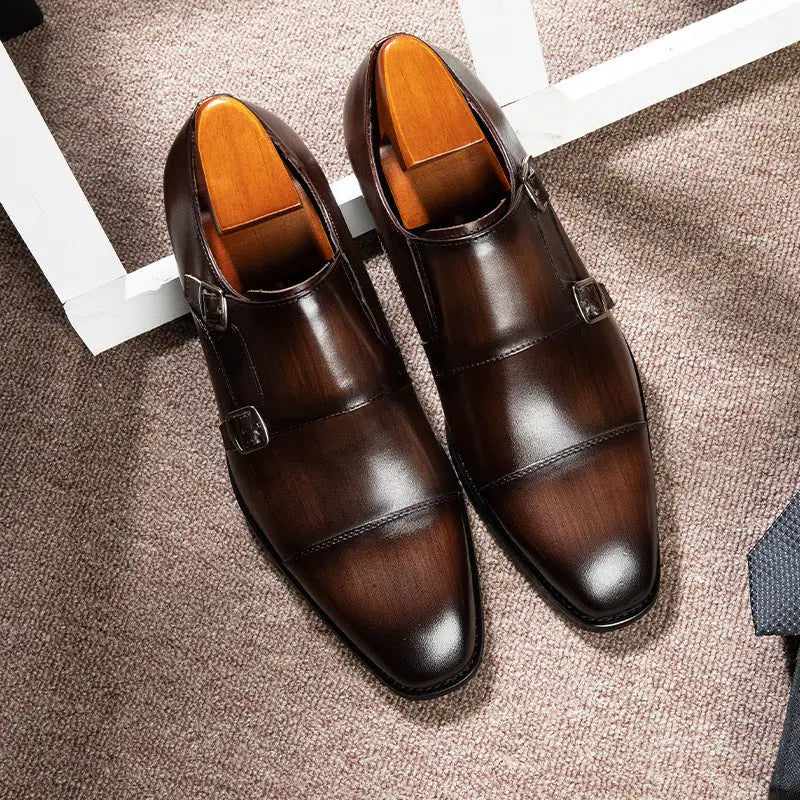 Double Buckle Design First Layer Cowhide Men's Business Leather Shoes Beyond Trends Hub
